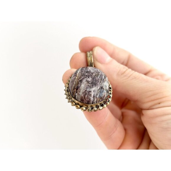 Dark Charoite Gemstone Rope Framed Bezel Set Sterling Silver 925 Vintage Pendant - Picture 9 of 10